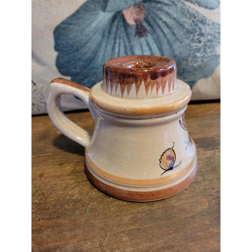 Pottery Candlestick Holder with Pretty Bird - Made in Mexico, Signed - 1980s